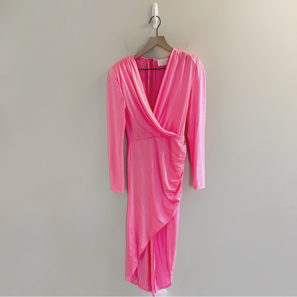Bronx and Banco Electric Pink Maxi Sash Waist Dress Size Large Long Sleeve Slit - Picture 6 of 16